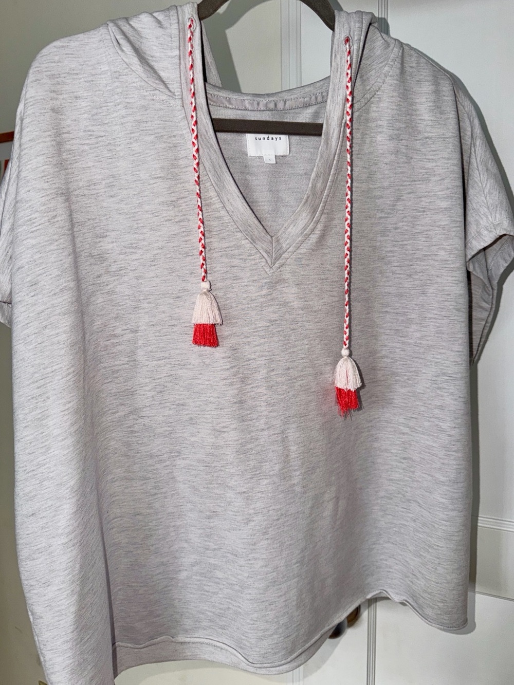 sundays Light Gray Hooded Tee with Pink and Red Tassel Drawstrings